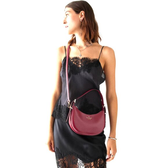 New Kate Spade Nova Textured Patent Leather Small Crescent Shoulder Bag Red Jam - Picture 4 of 4